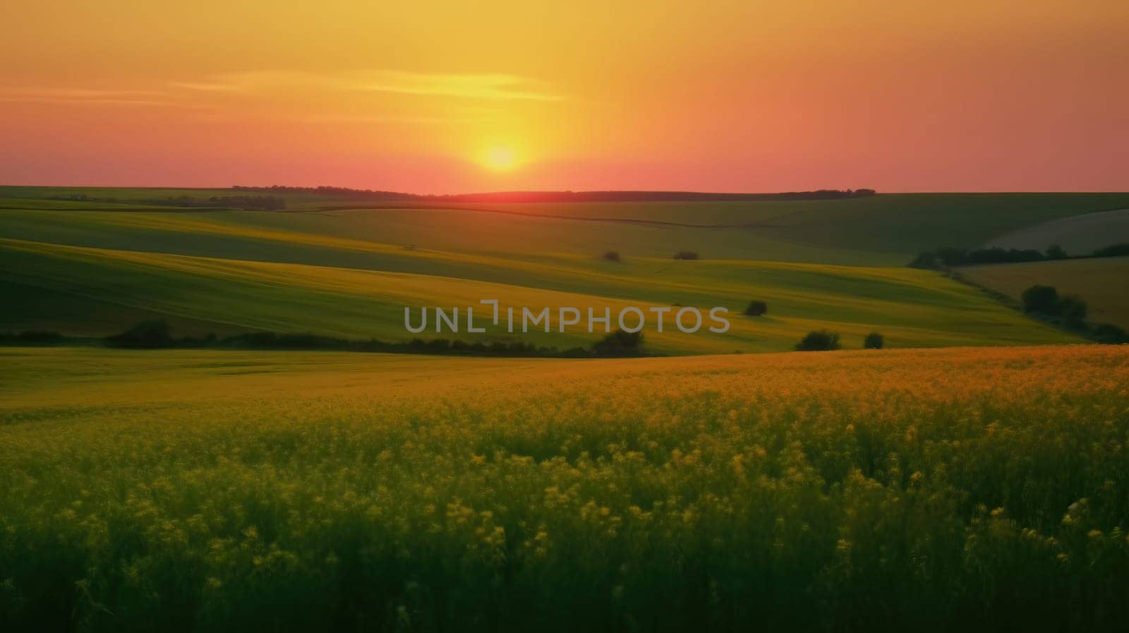 Beautiful local farm with sunset in the countryside field. Generative AI.