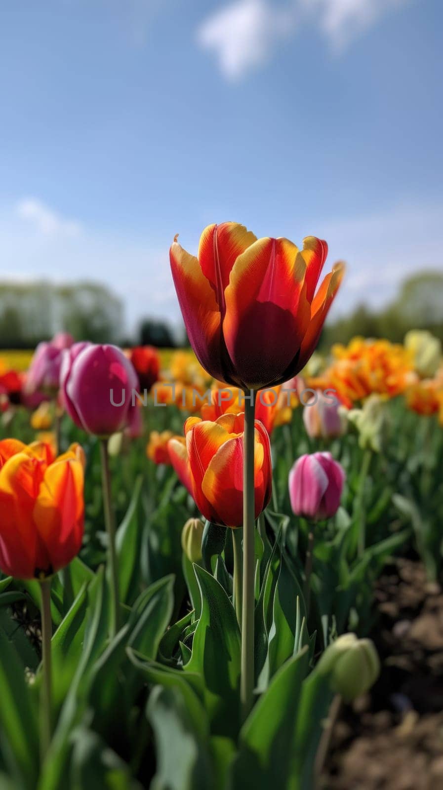 Colorful open field with beautiful tulips. Generative AI by nateemee