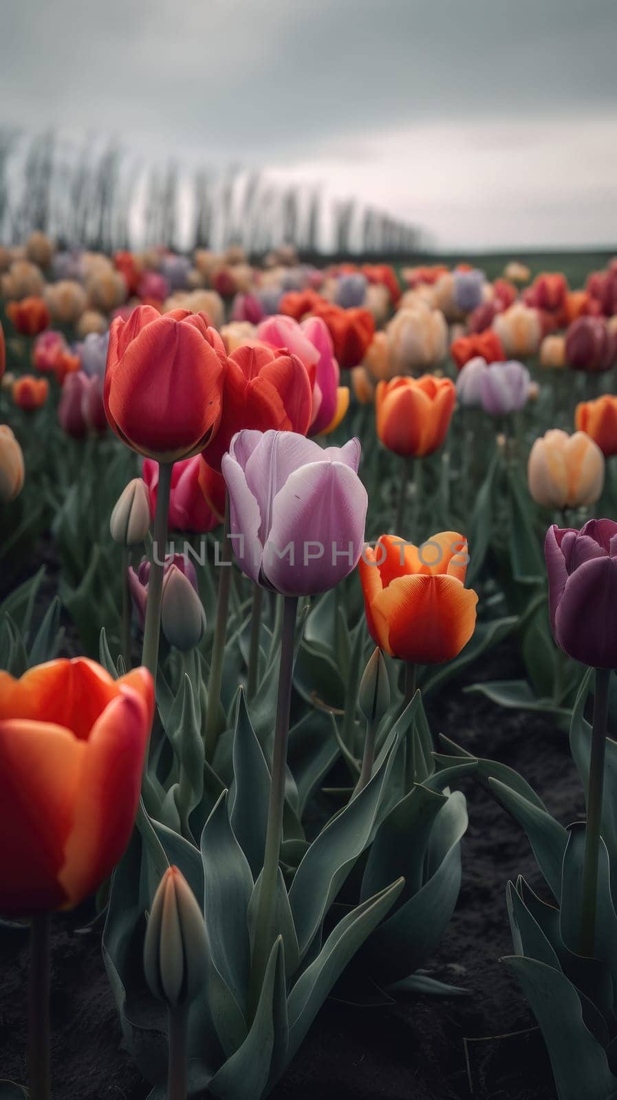 Colorful open field with beautiful tulips. Generative AI.