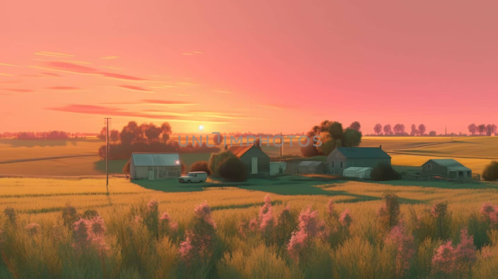 Beautiful local farm with sunset in the countryside field. Generative AI.