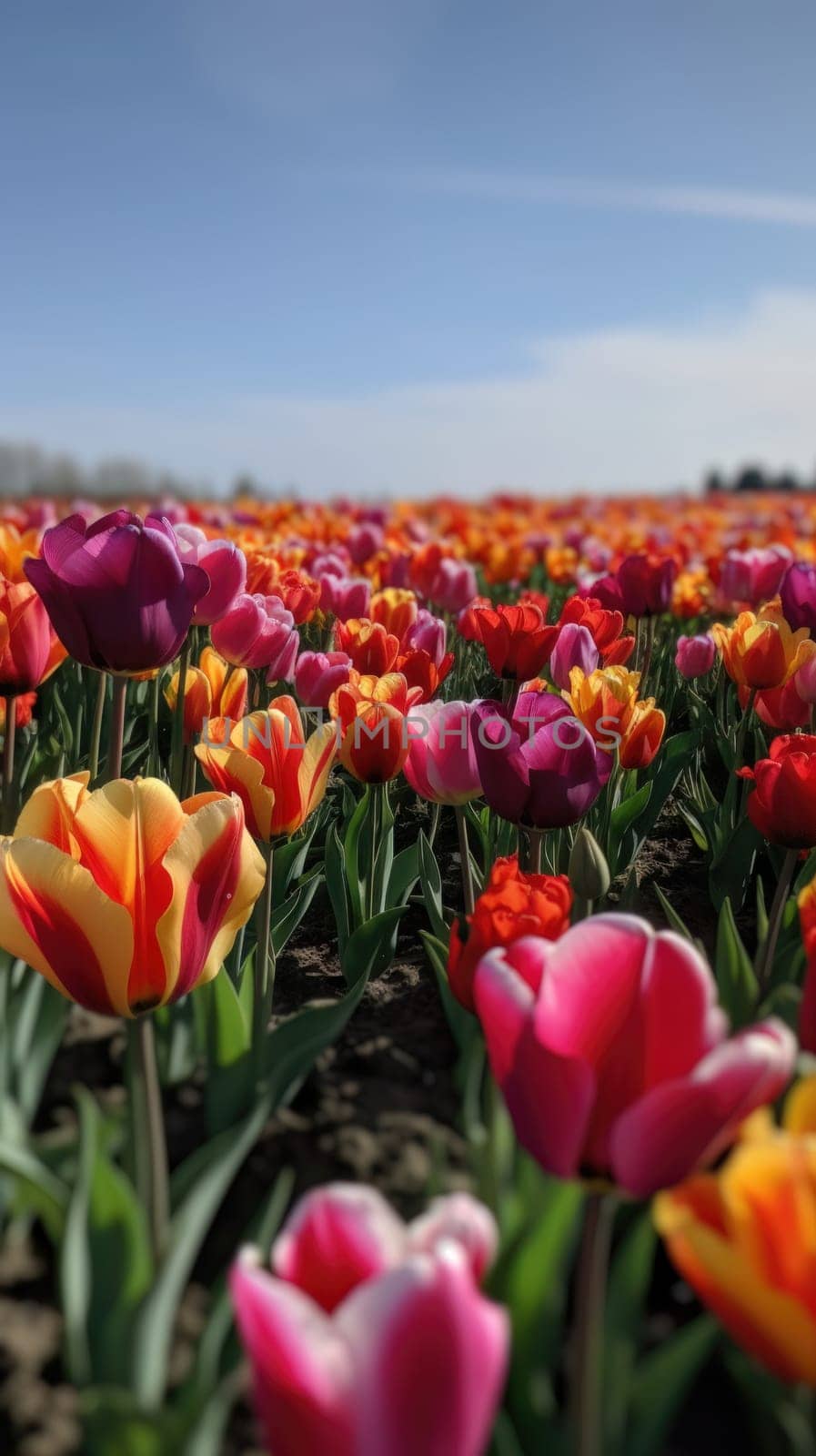 Colorful open field with beautiful tulips. Generative AI by nateemee