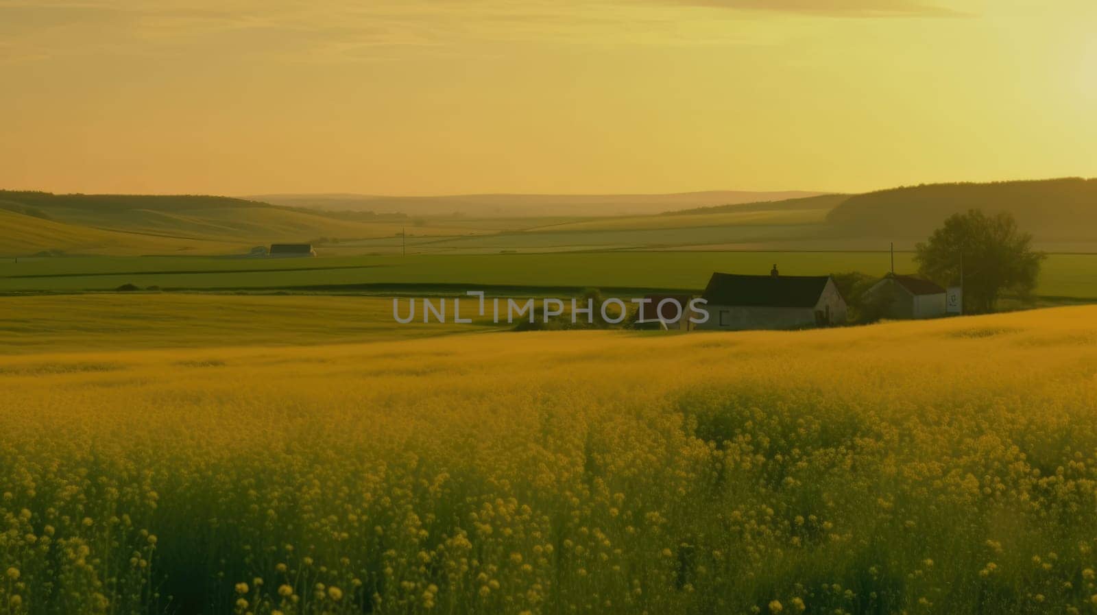 Beautiful local farm with sunset in the countryside field. Generative AI.