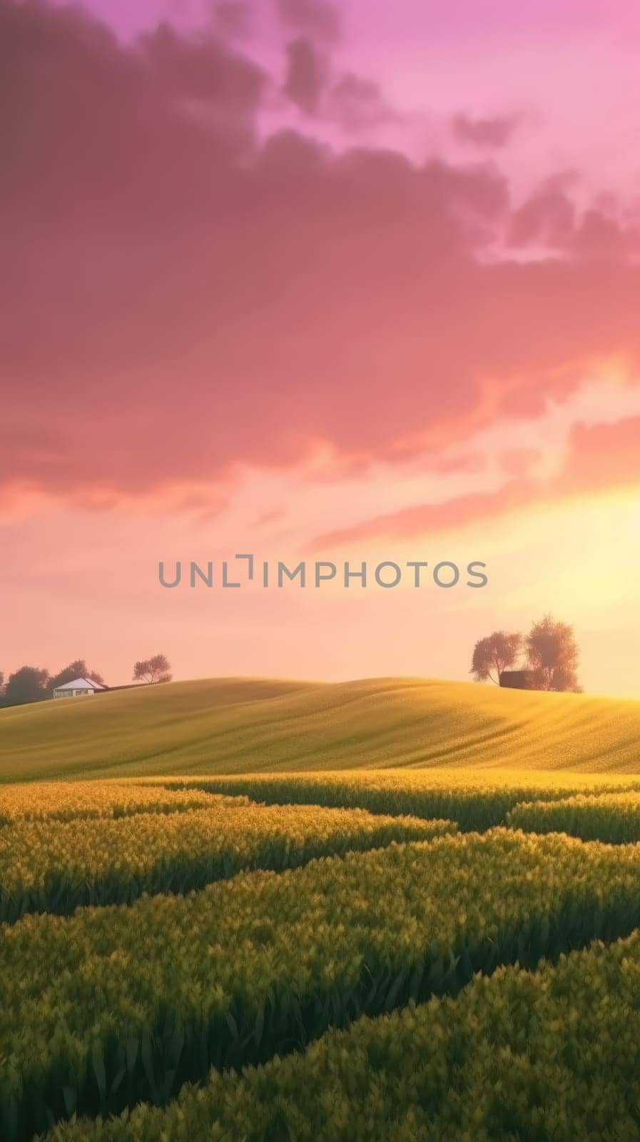 Beautiful local farm with sunset in the countryside field. Generative AI.