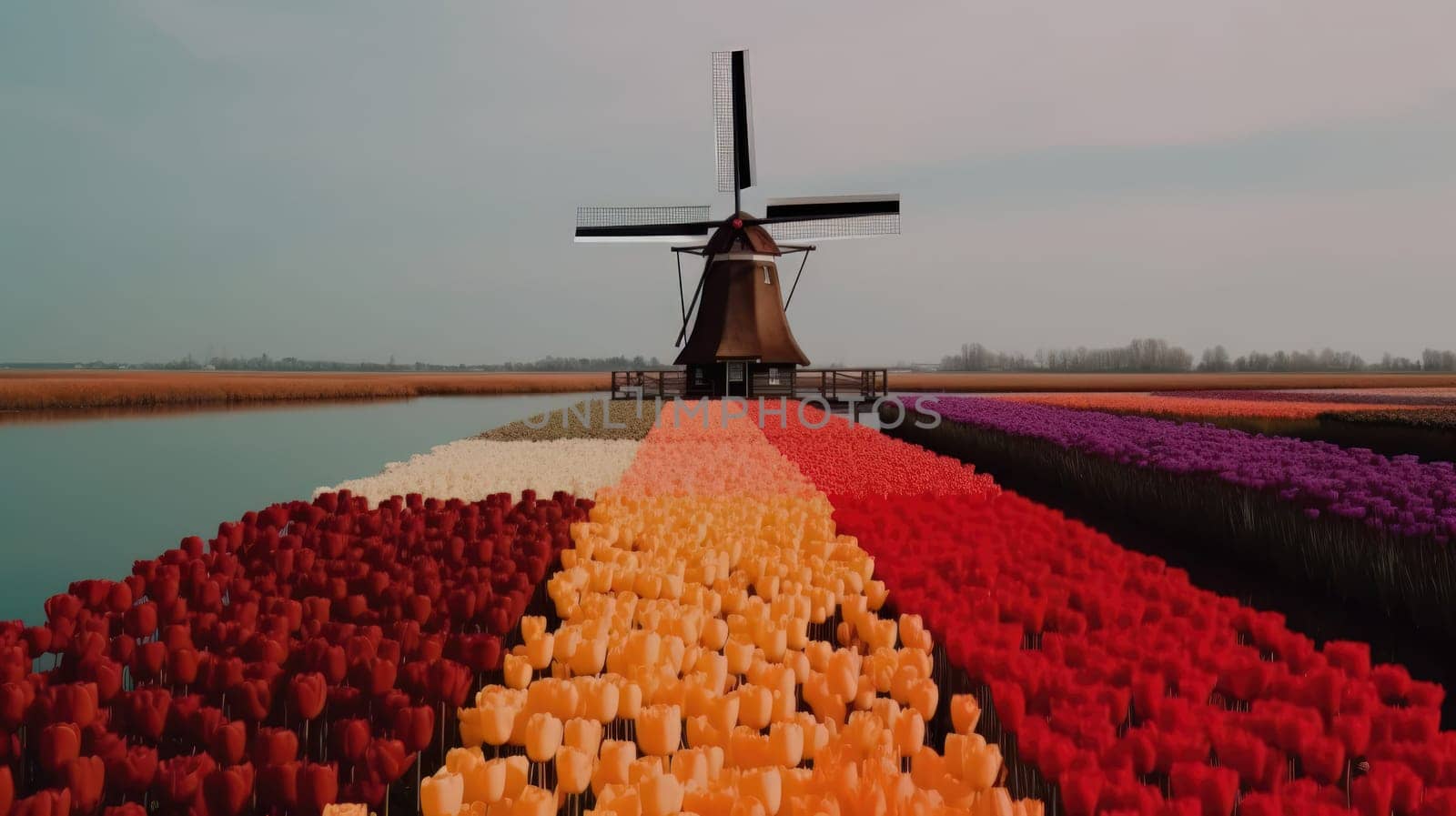 Colorful open field with beautiful tulips. Generative AI.