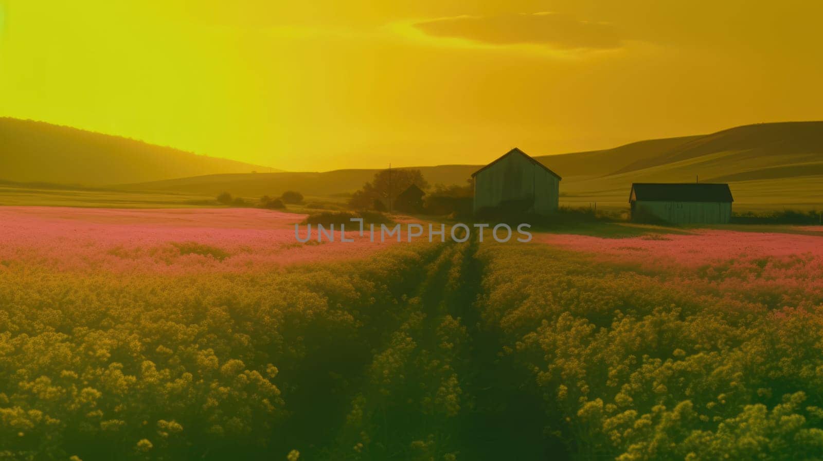 Beautiful local farm with sunset in the countryside field. Generative AI.