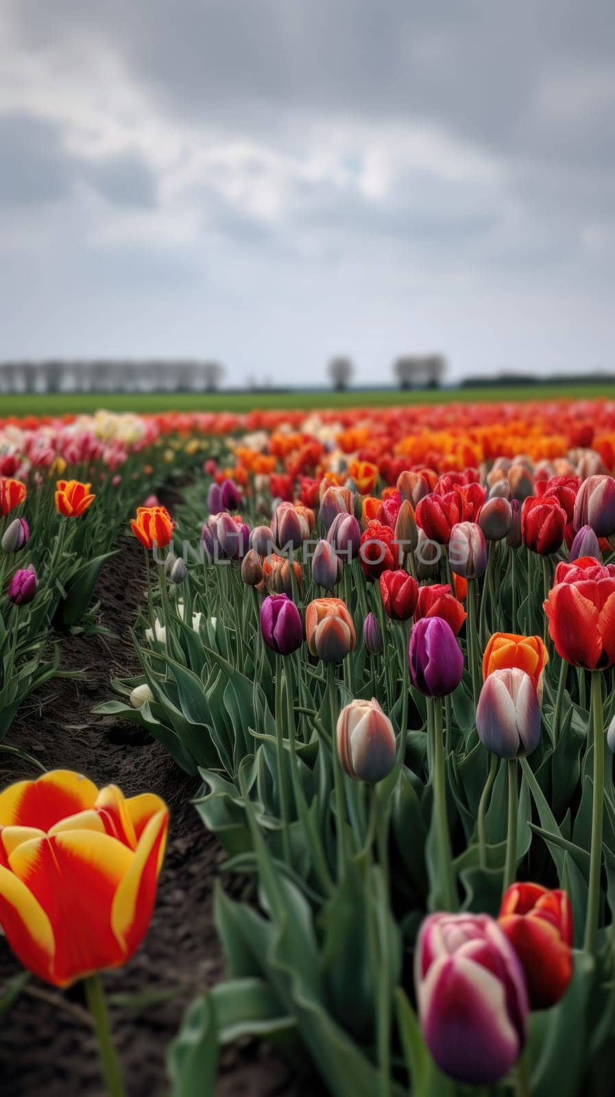 Colorful open field with beautiful tulips. Generative AI by nateemee