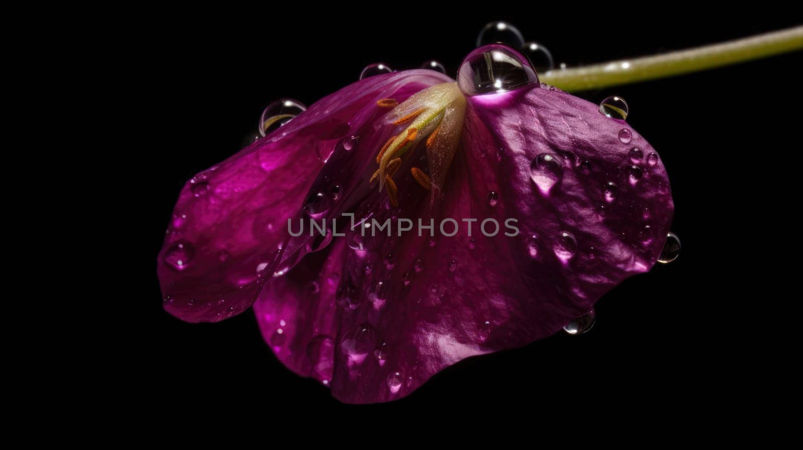 close up of violet flower with drops of water. Generative AI by nateemee