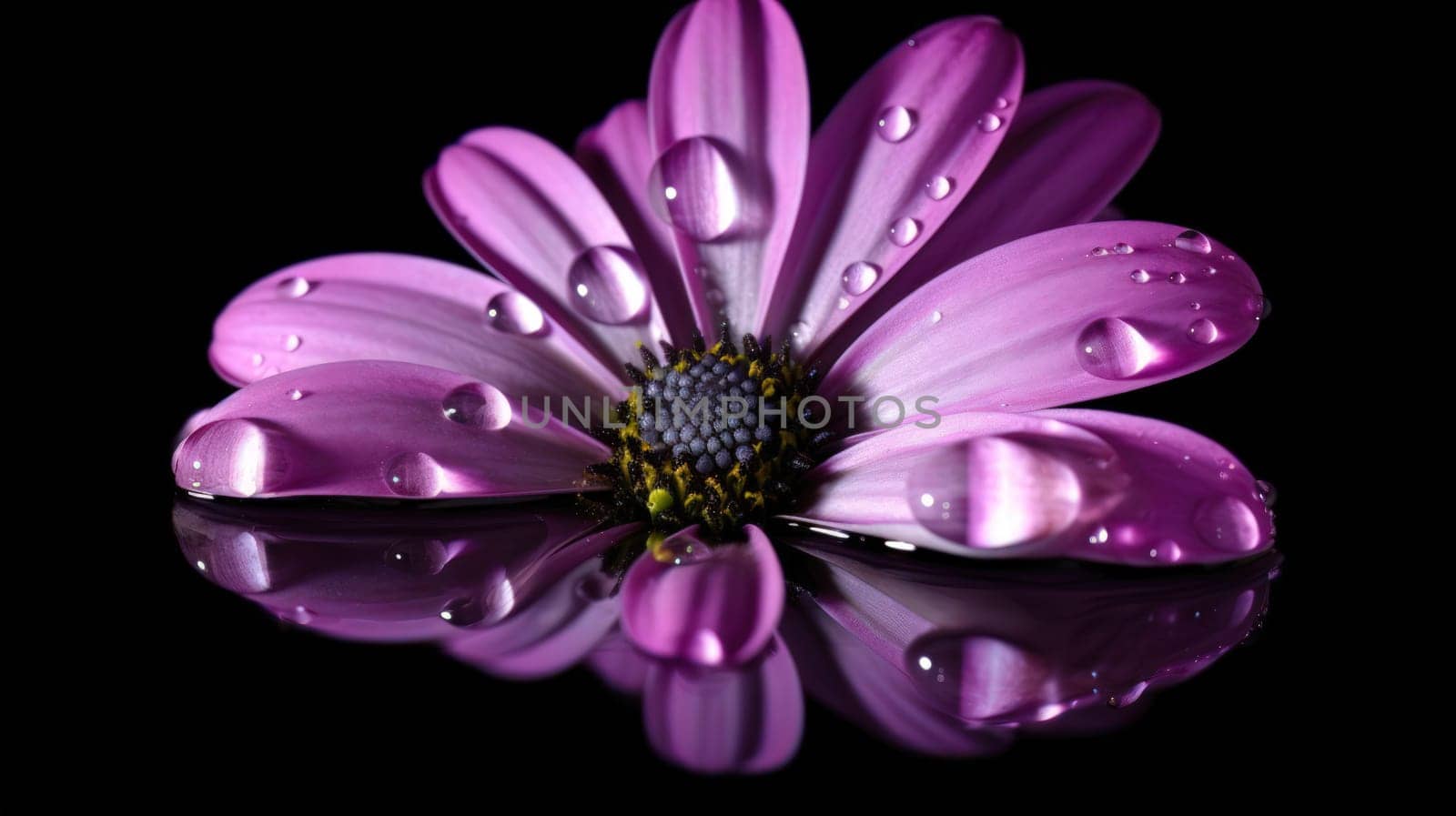 close up of violet flower with drops of water. Generative AI.