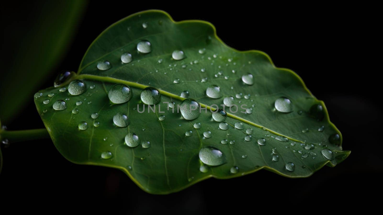 Close up view of raindrops on green leaf. Generative AI.