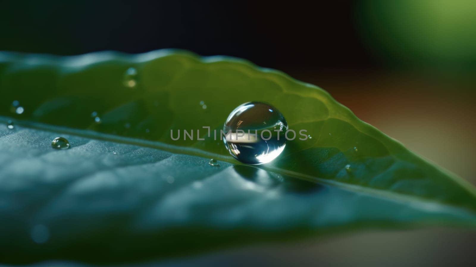 Close up view of raindrops on green leaf. Generative AI by nateemee
