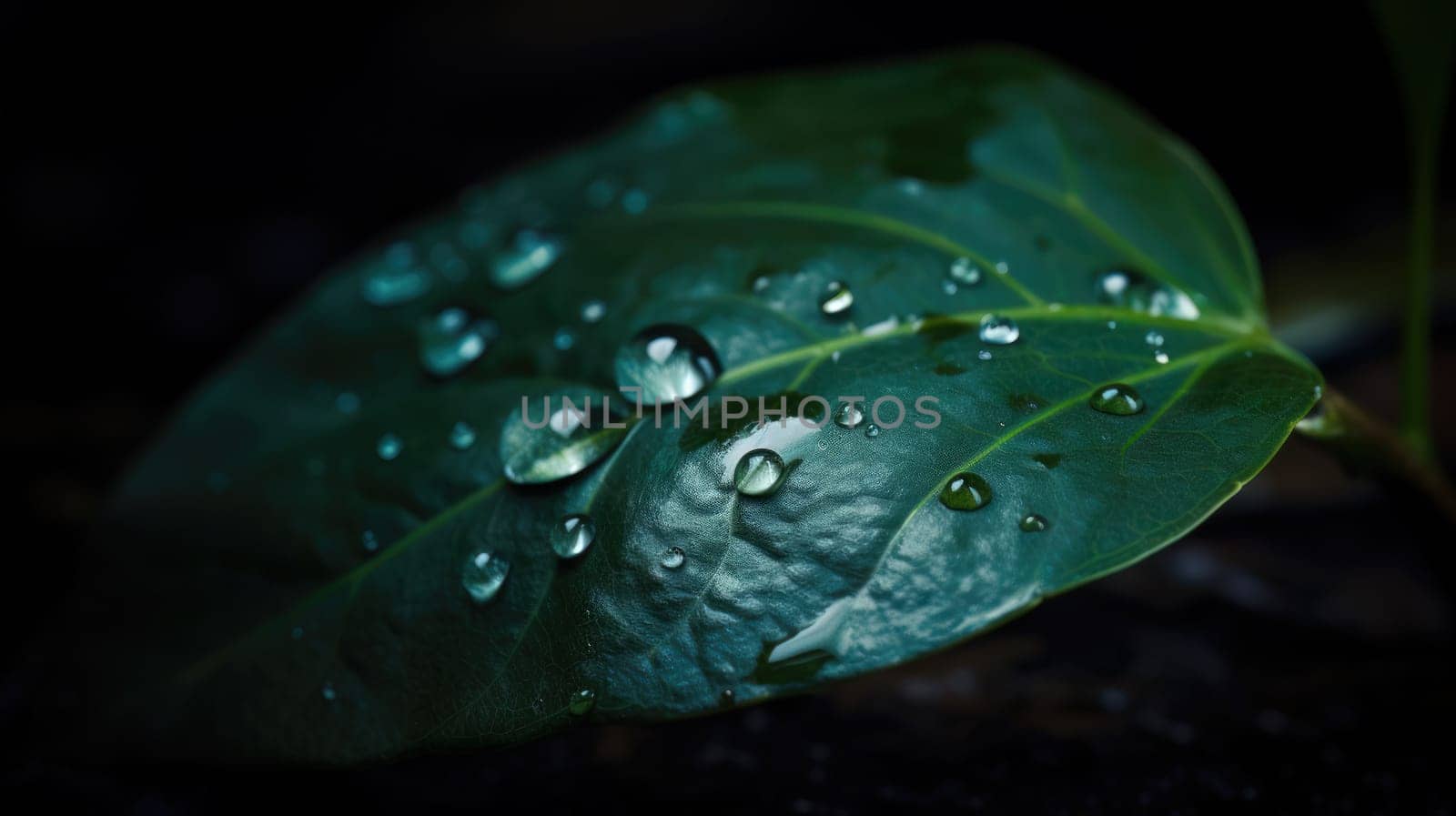 Close up view of raindrops on green leaf. Generative AI.