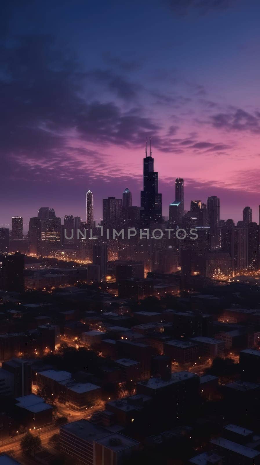 Cityscape of chicago at dusk with lights from the skyline. Generative AI.