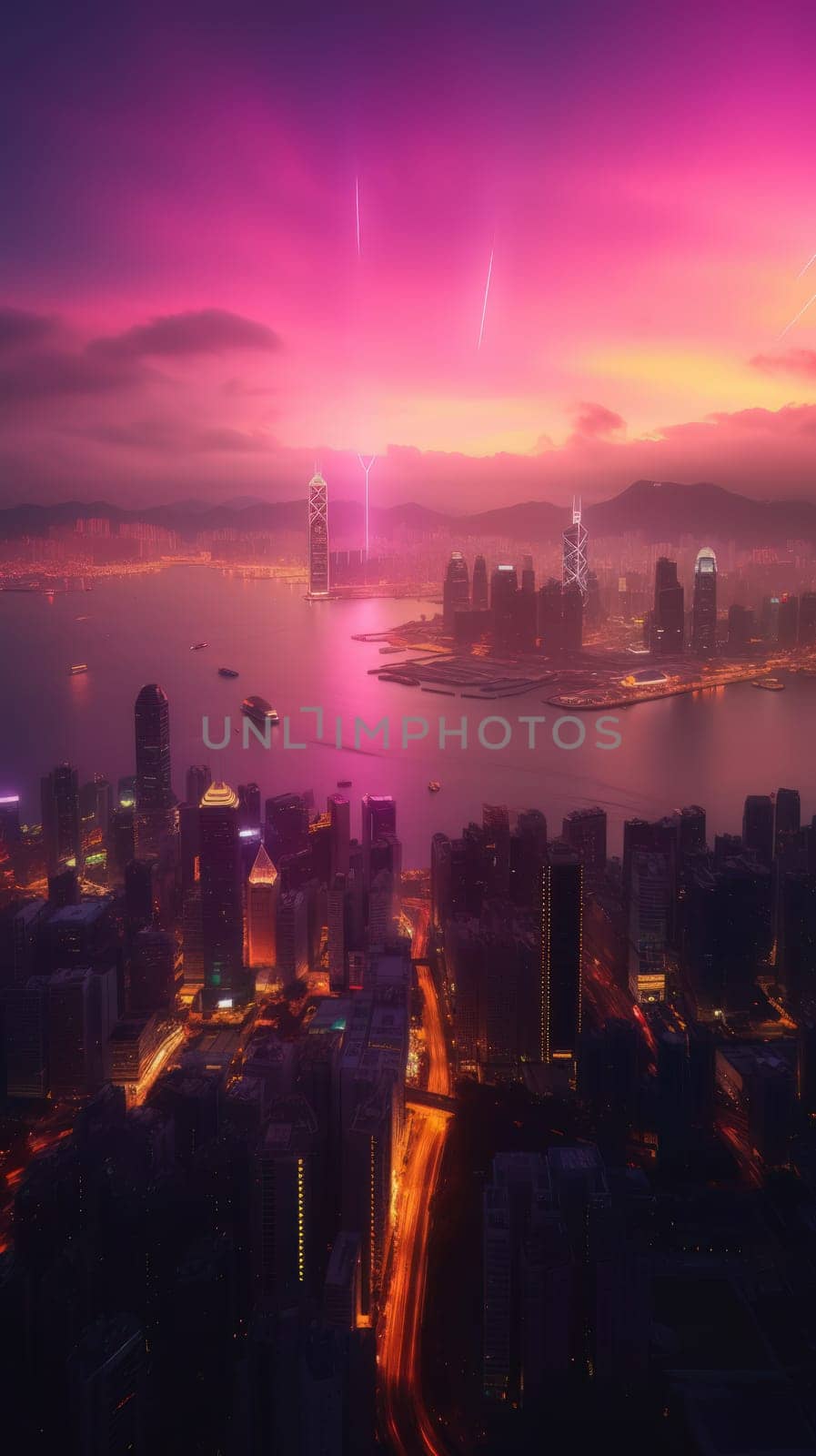 Beautiful pink sky sunlight above the city. Generative AI by nateemee