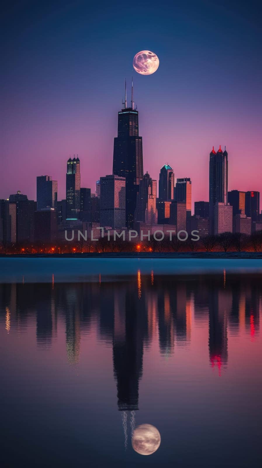 Cityscape of chicago at dusk with lights from the skyline. Generative AI by nateemee