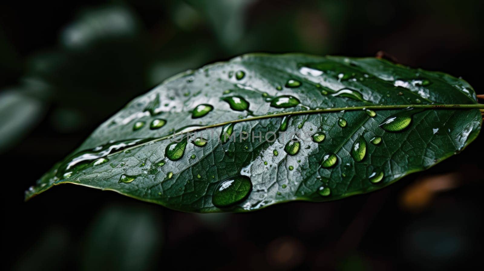 Close up view of raindrops on green leaf. Generative AI by nateemee