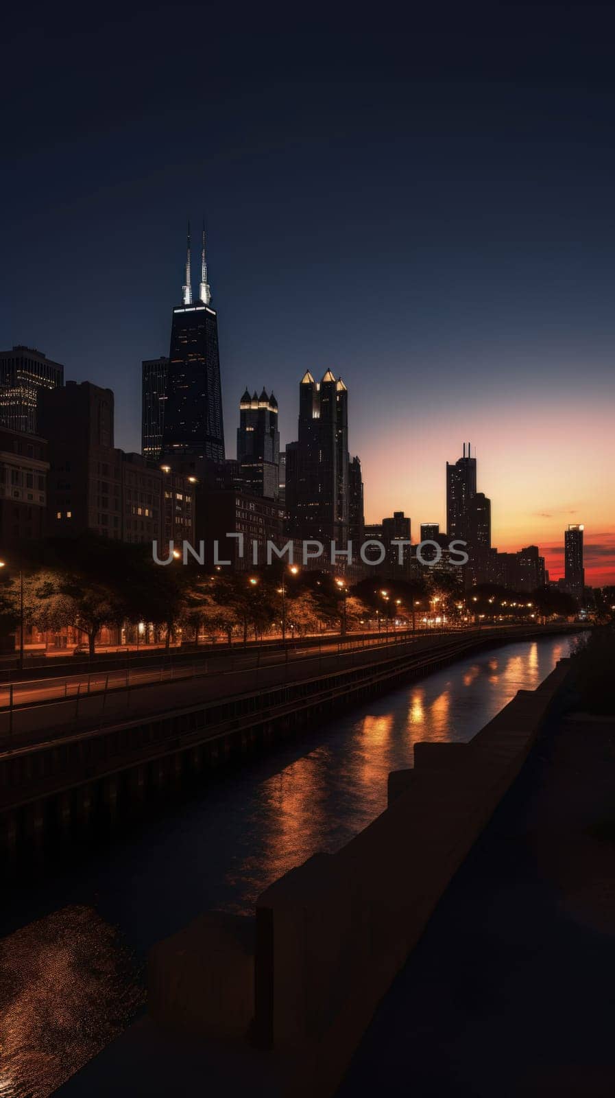 Cityscape of chicago at dusk with lights from the skyline. Generative AI by nateemee