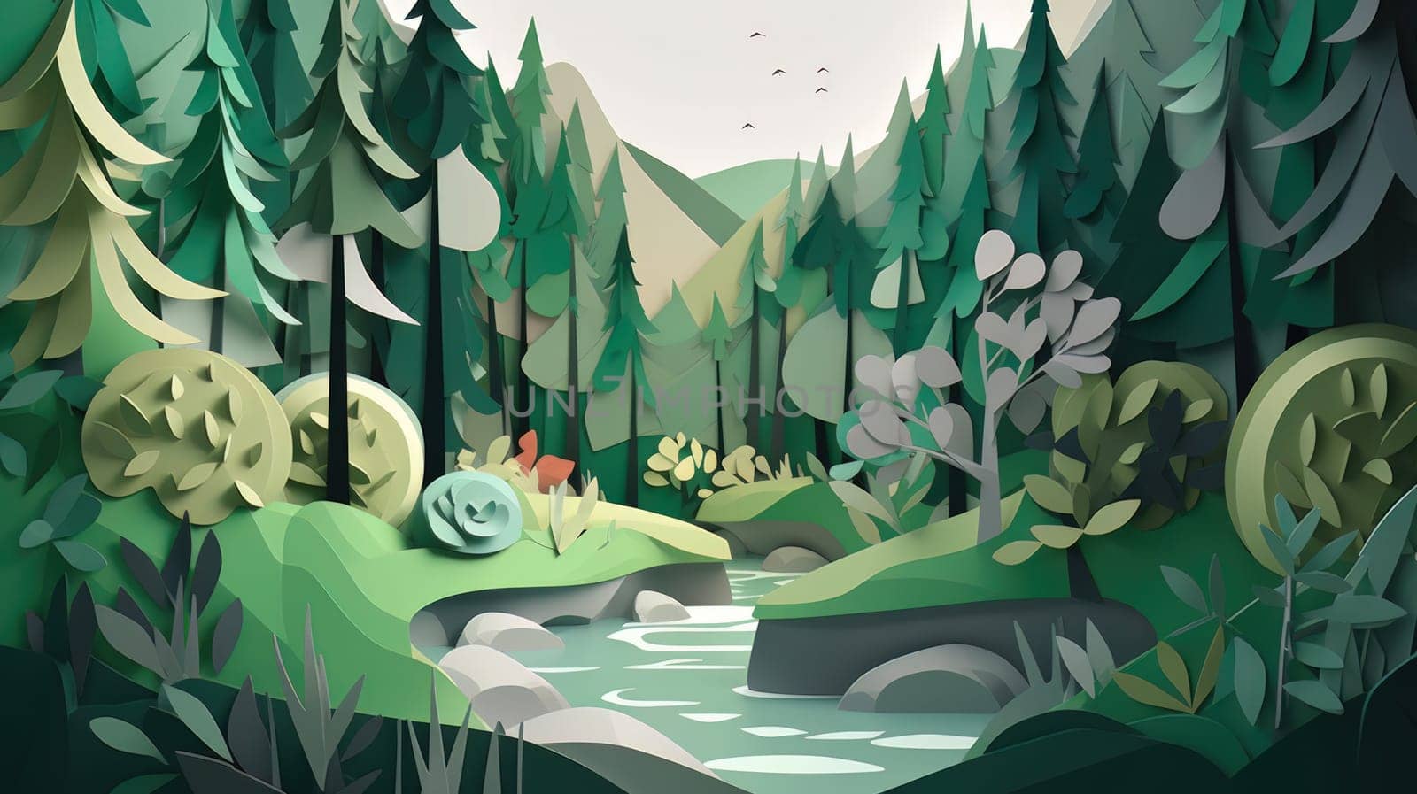 Paper cut art work with green nature forest. Generative AI.