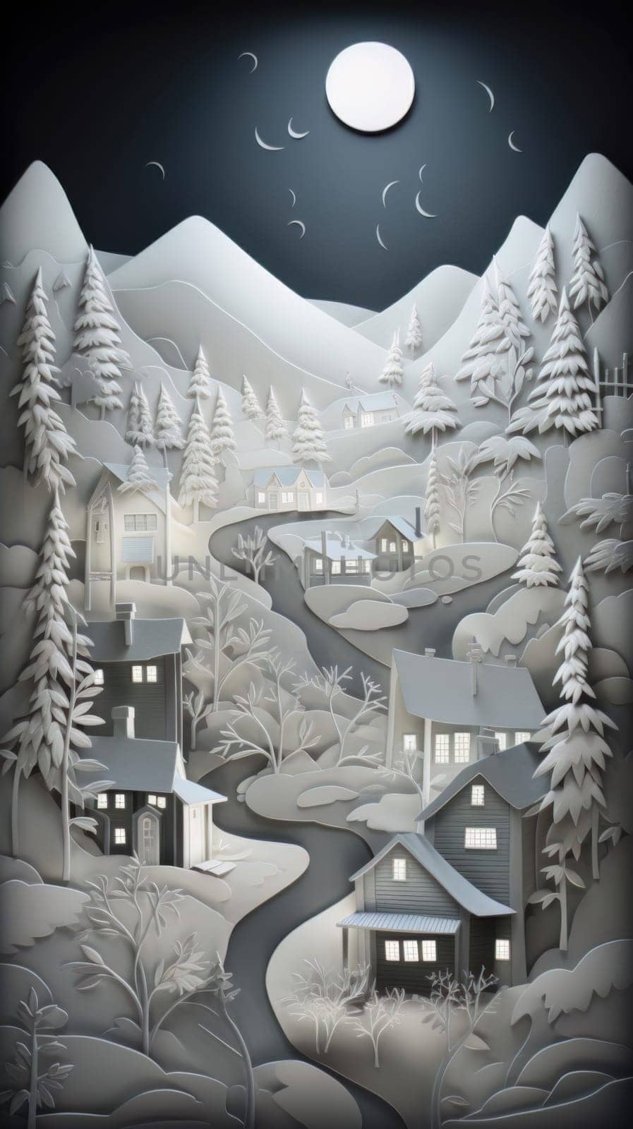 Traditional christmas paper cut art piece with a snowy landscape. Generative AI.