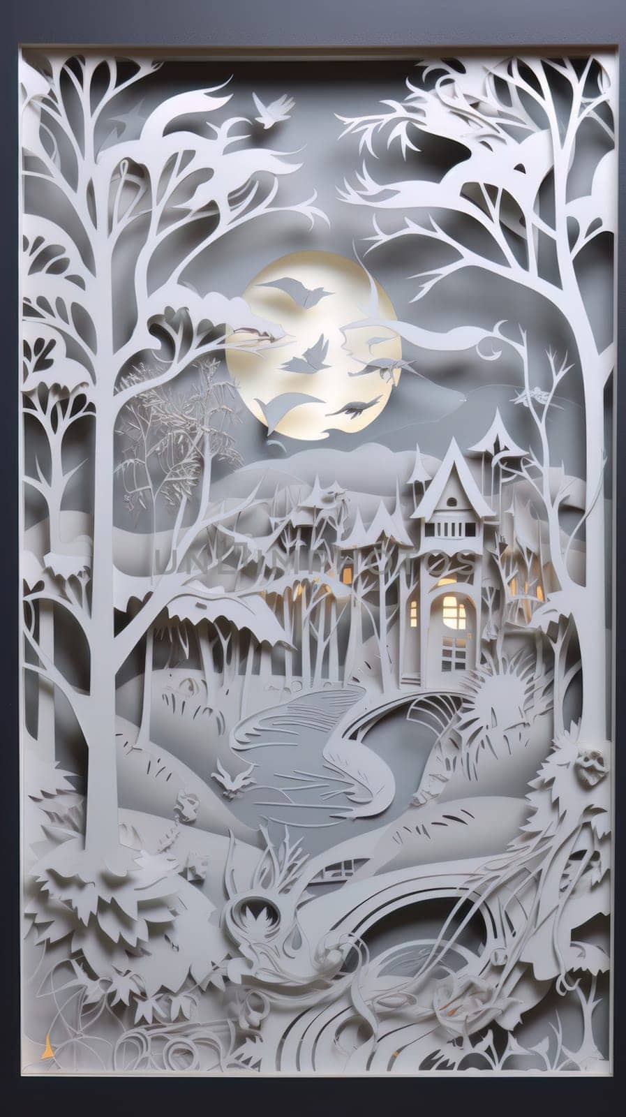 Traditional christmas paper cut art piece with a snowy landscape. Generative AI.