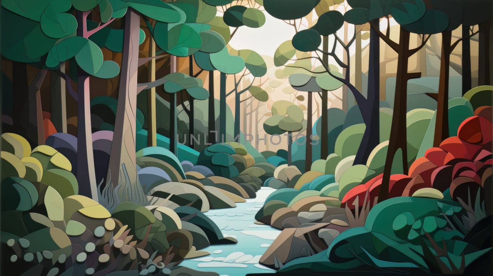 Paper cut art work with green nature forest. Generative AI by nateemee
