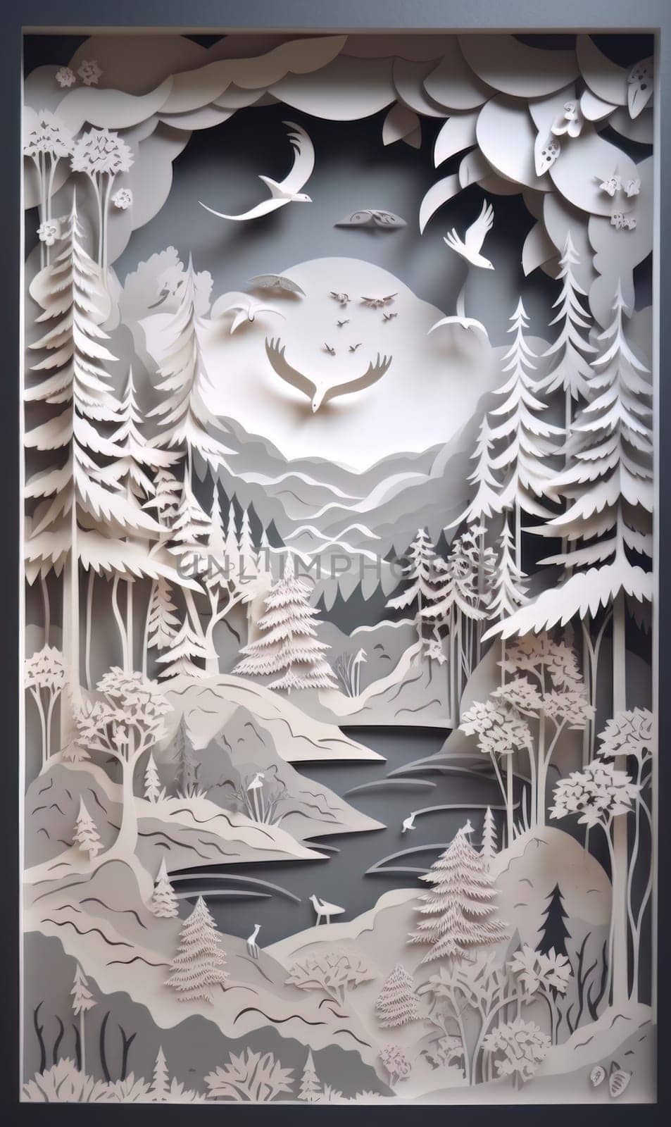 Traditional christmas paper cut art piece with a snowy landscape. Generative AI.