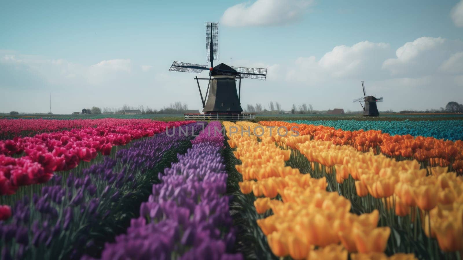 Colorful open field with beautiful tulips. Generative AI.