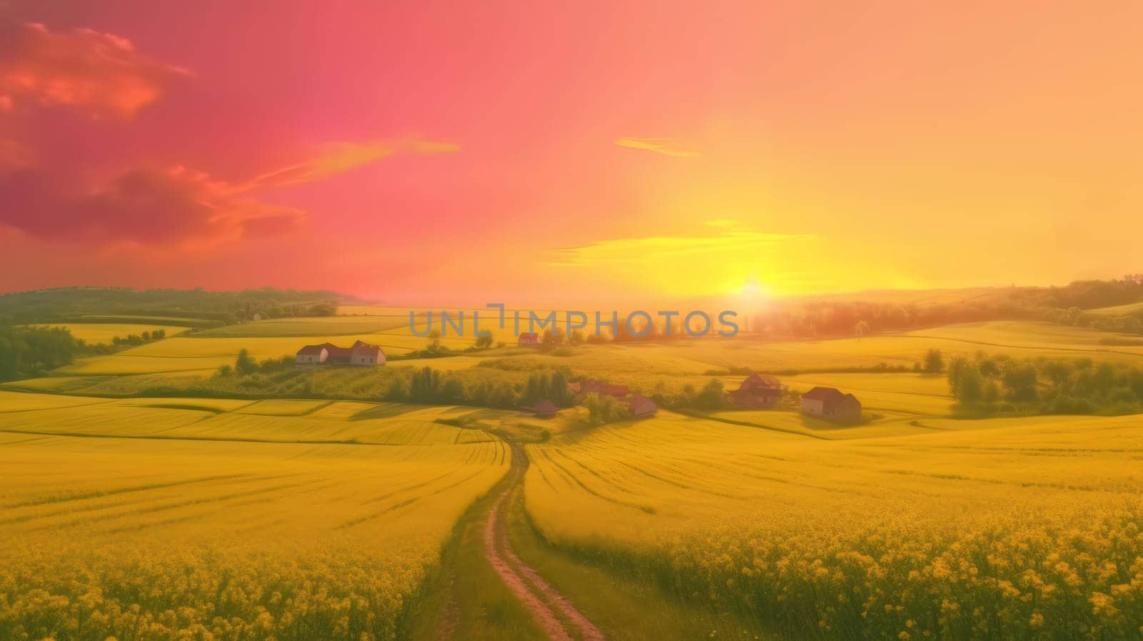 Beautiful local farm with sunset in the countryside field. Generative AI by nateemee