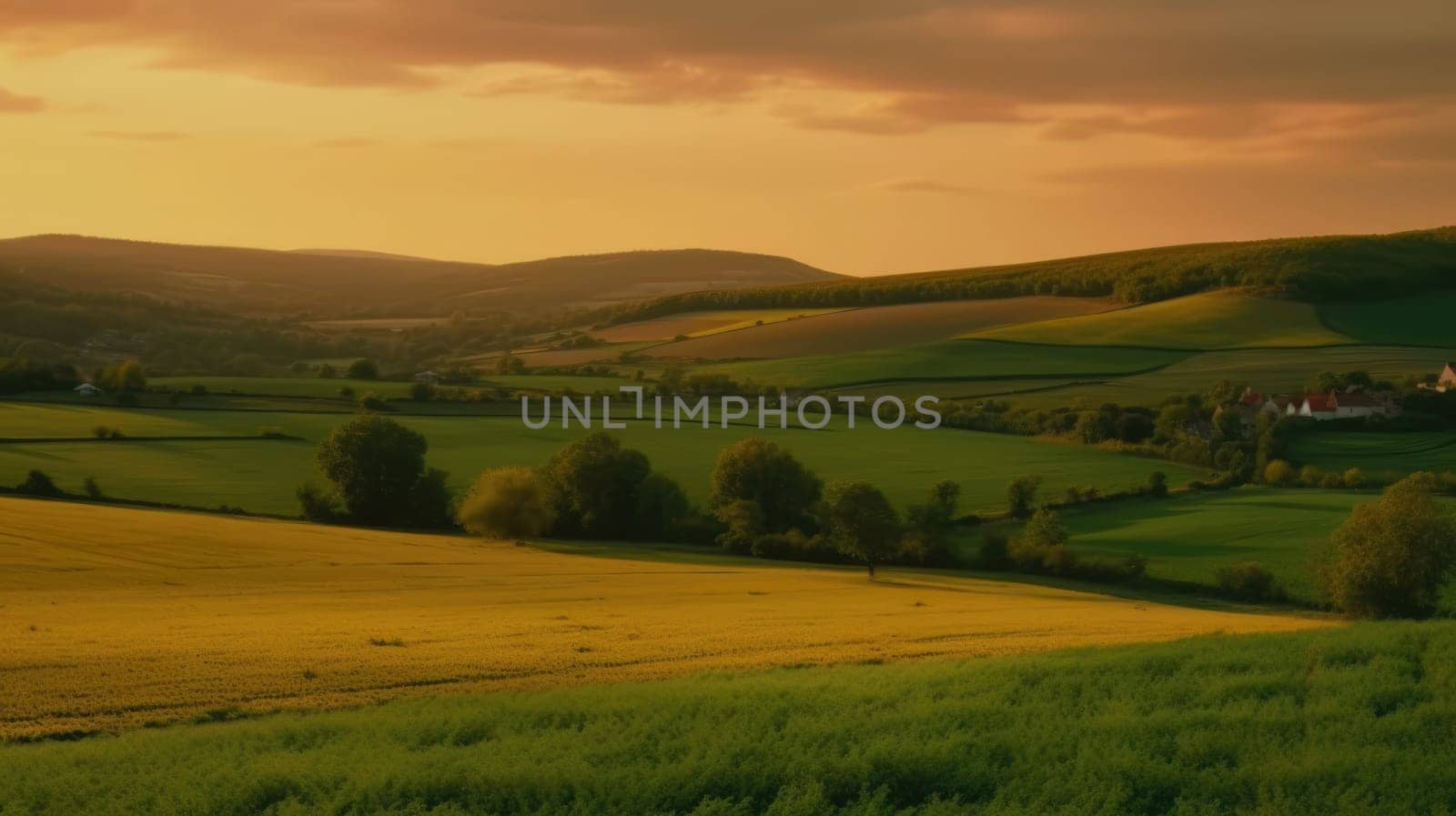 Beautiful local farm with sunset in the countryside field. Generative AI.