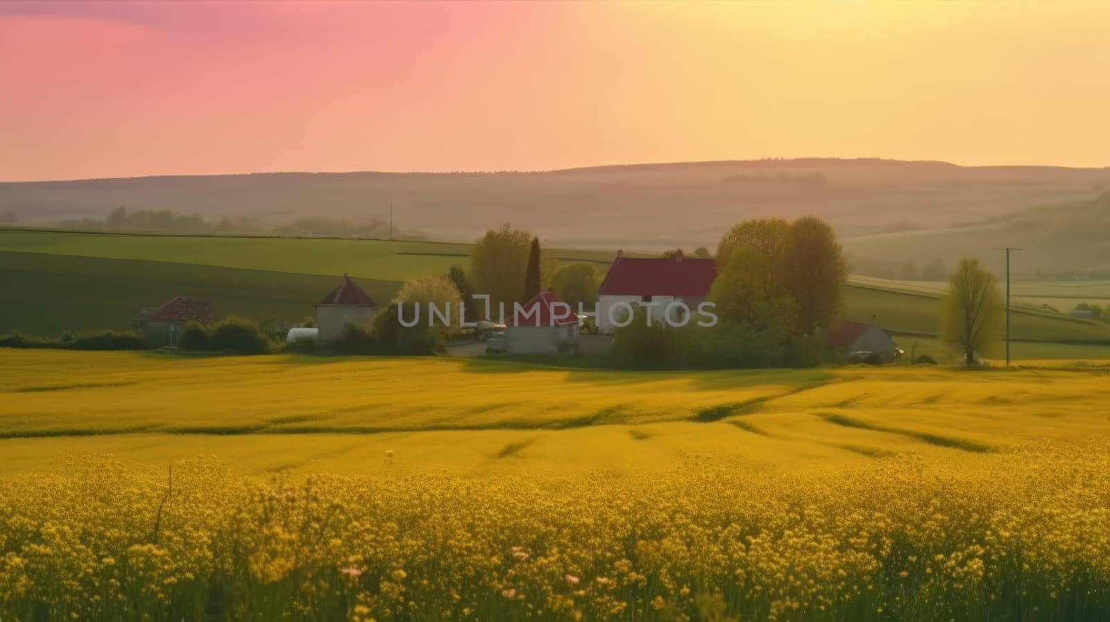 Beautiful local farm with sunset in the countryside field. Generative AI.