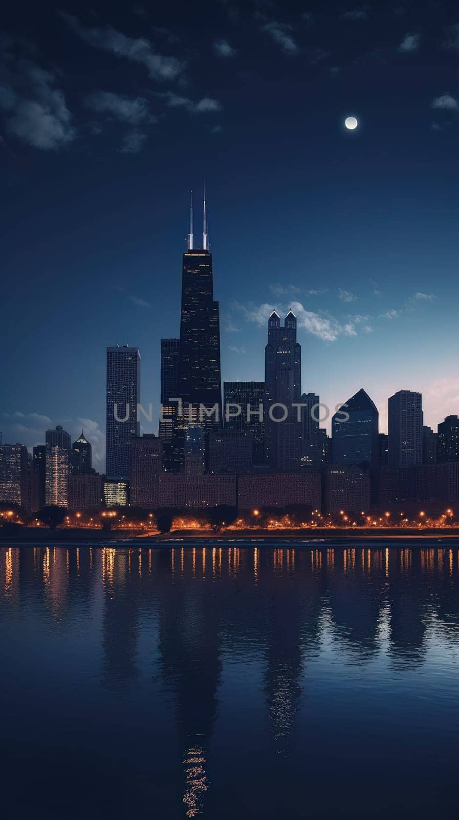 Cityscape of chicago at dusk with lights from the skyline. Generative AI.