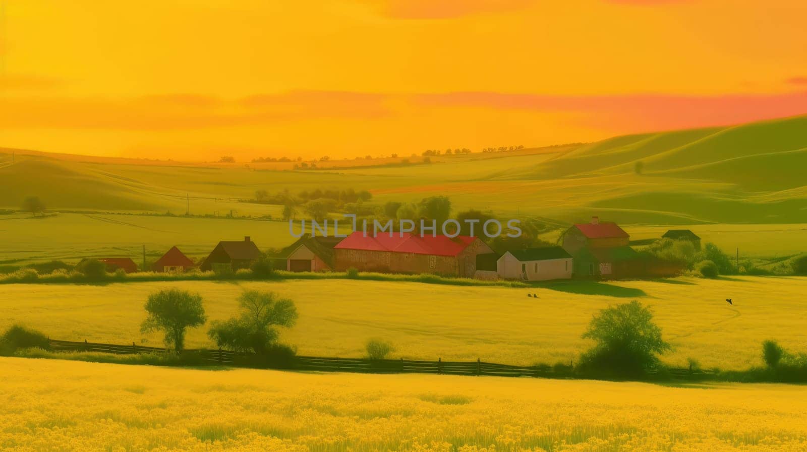 Beautiful local farm with sunset in the countryside field. Generative AI by nateemee