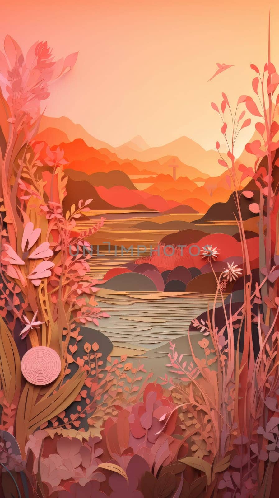 Autumn nature, landscape art paper cut. Generative AI by nateemee