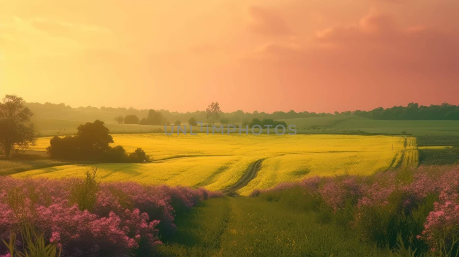 Beautiful local farm with sunset in the countryside field. Generative AI by nateemee