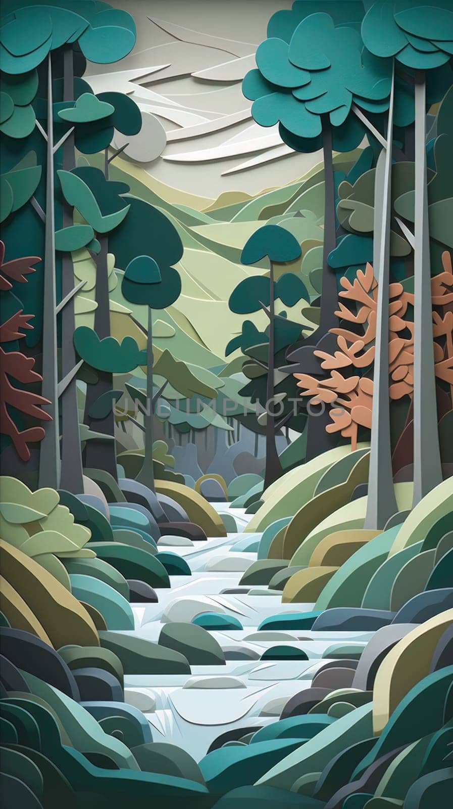 Paper cut art work with green nature forest. Generative AI by nateemee