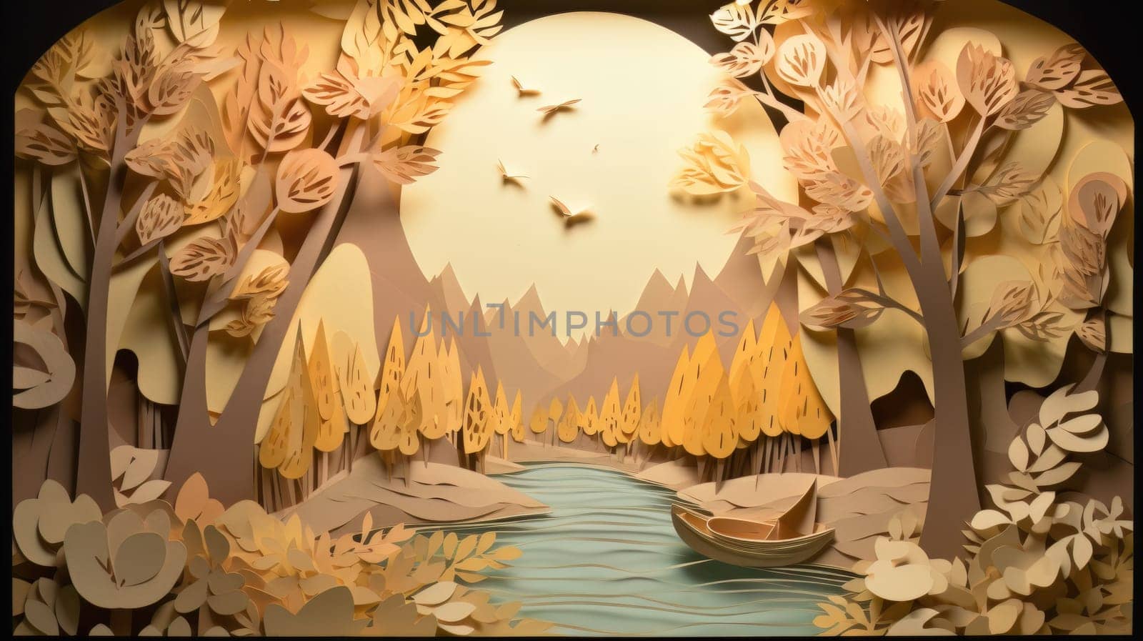 Paper cut artwork that depicts flowers and trees background. Generative AI.