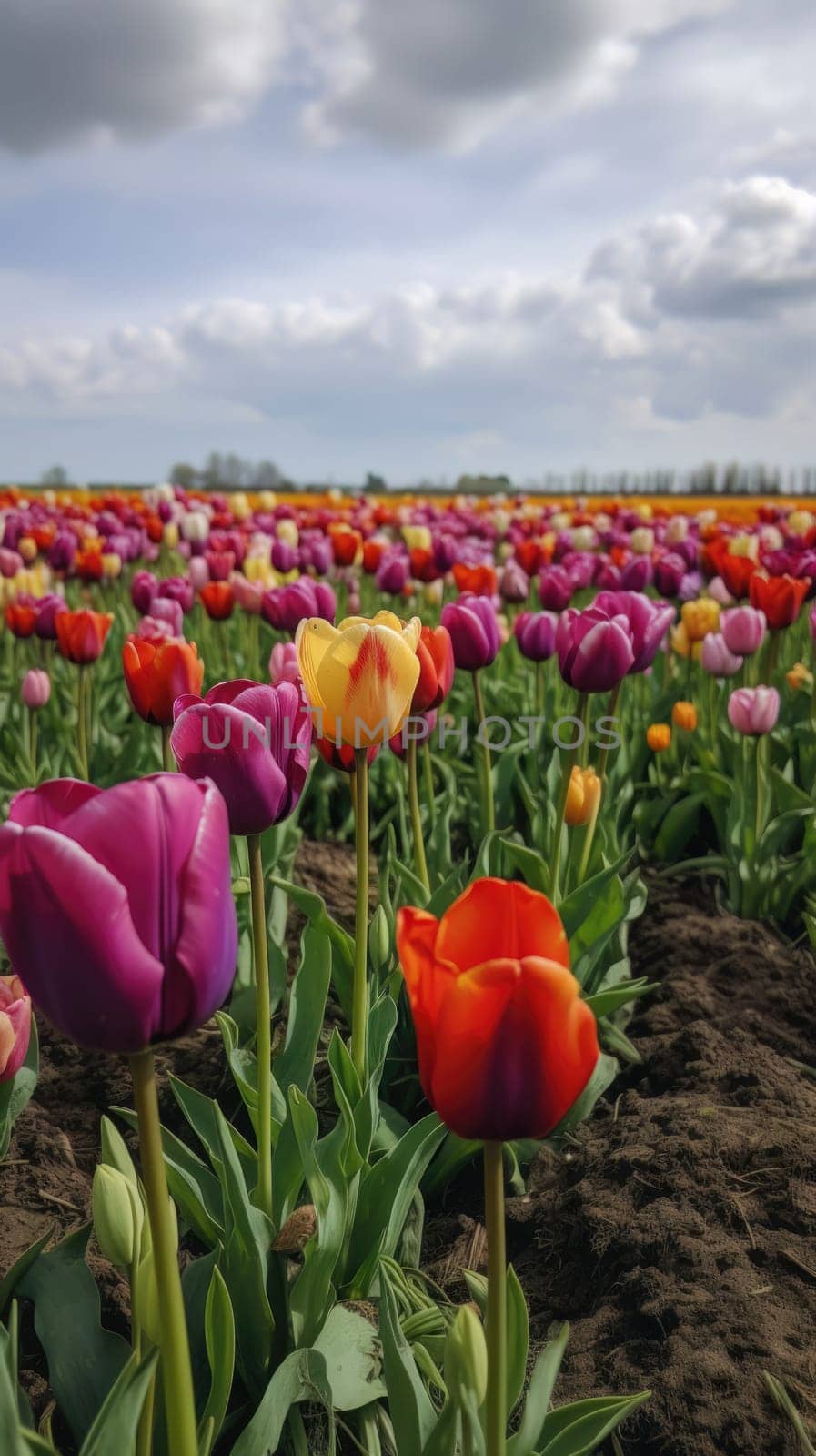 Colorful open field with beautiful tulips. Generative AI by nateemee