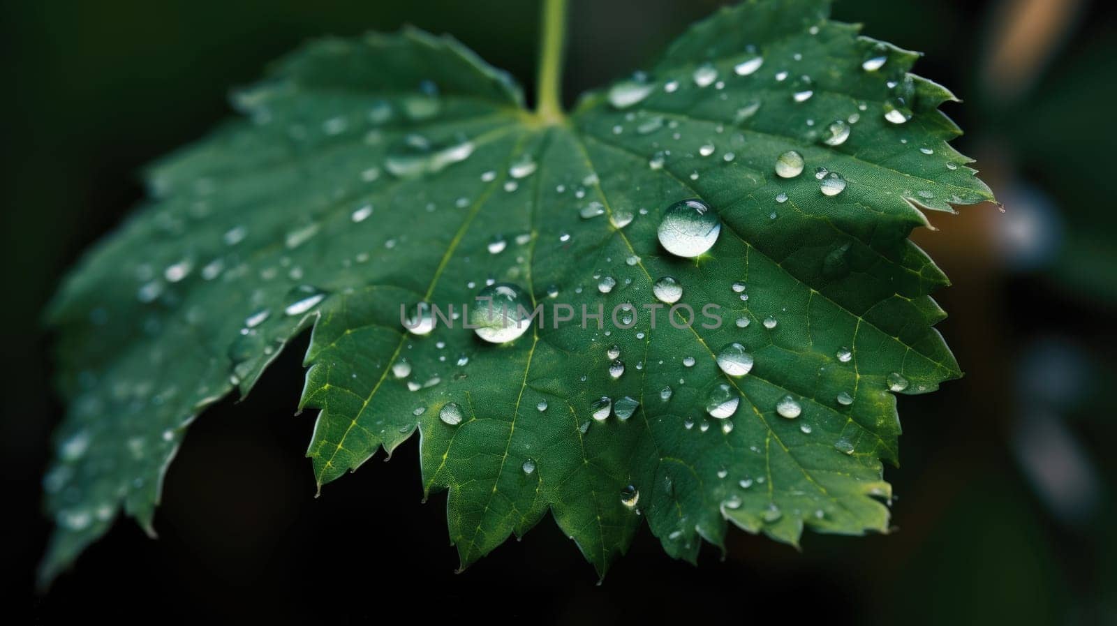 Close up view of raindrops on green leaf. Generative AI.