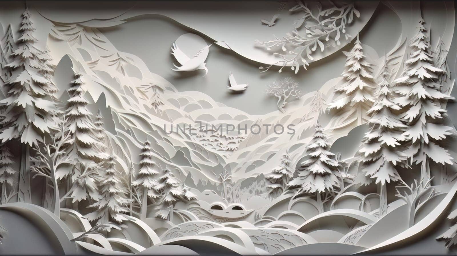 Traditional christmas paper cut art piece with a snowy landscape. Generative AI.