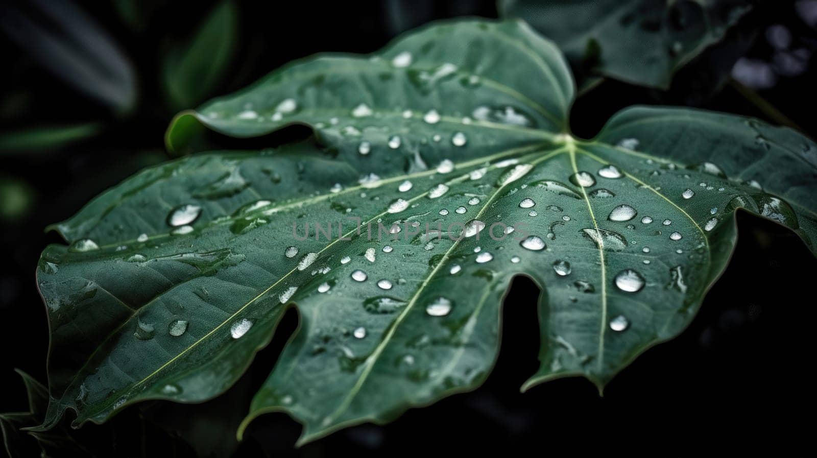 Close up view of raindrops on green leaf. Generative AI.