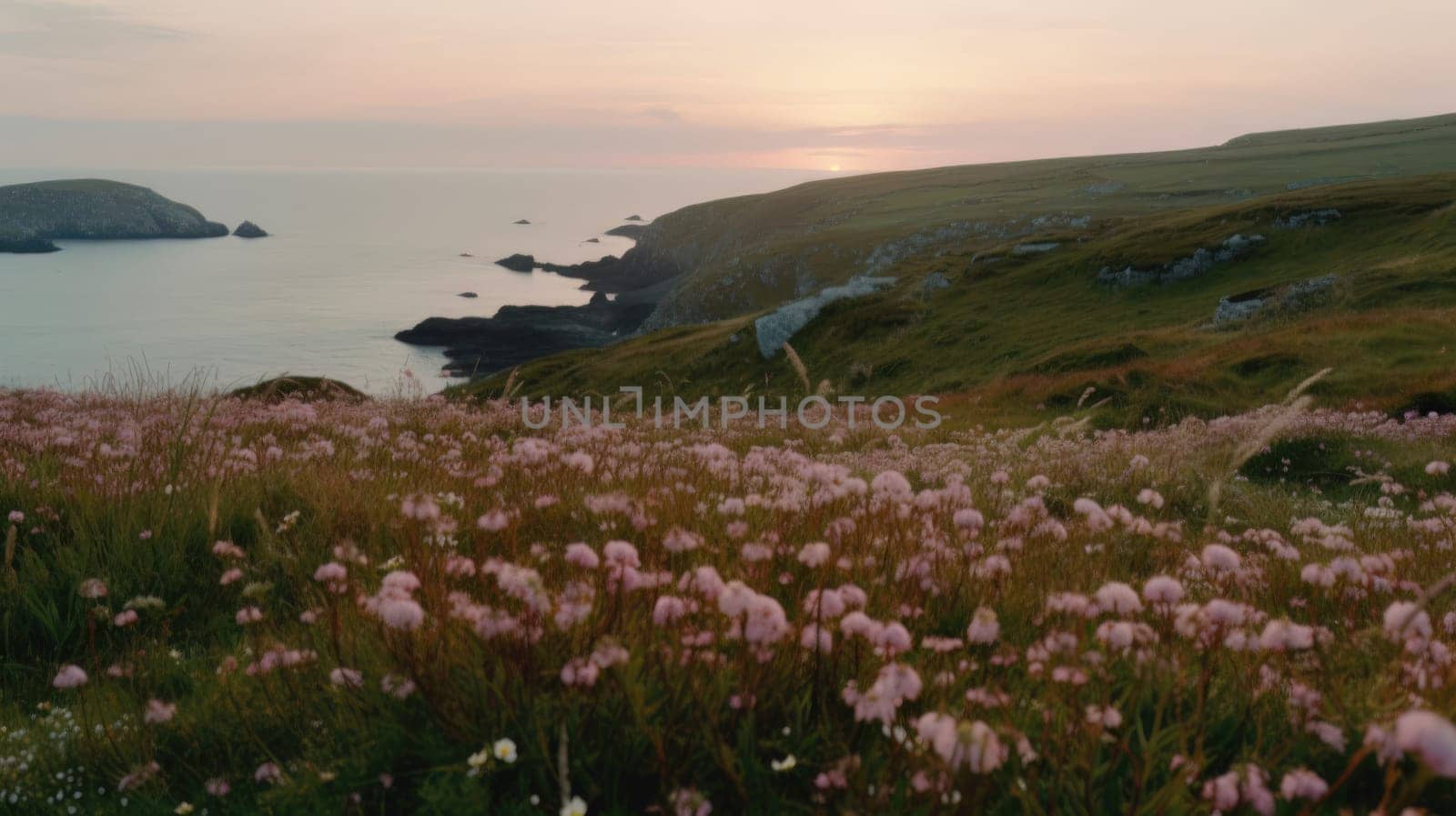 Shoreline covered in pink flowers by the sea. Generaitve AI.