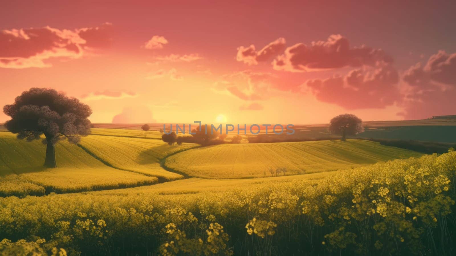 Beautiful local farm with sunset in the countryside field. Generative AI.