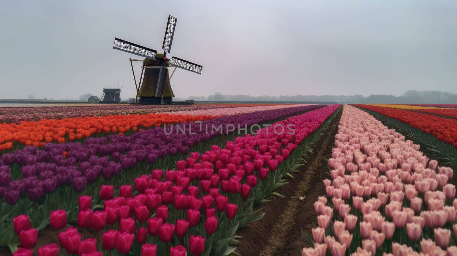 Colorful open field with beautiful tulips. Generative AI by nateemee