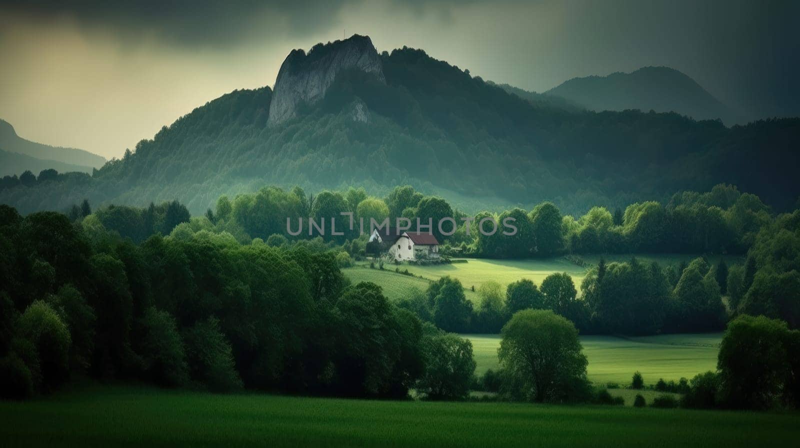 Beautiful scenic landscapes with mountains in Europe. Generative AI.