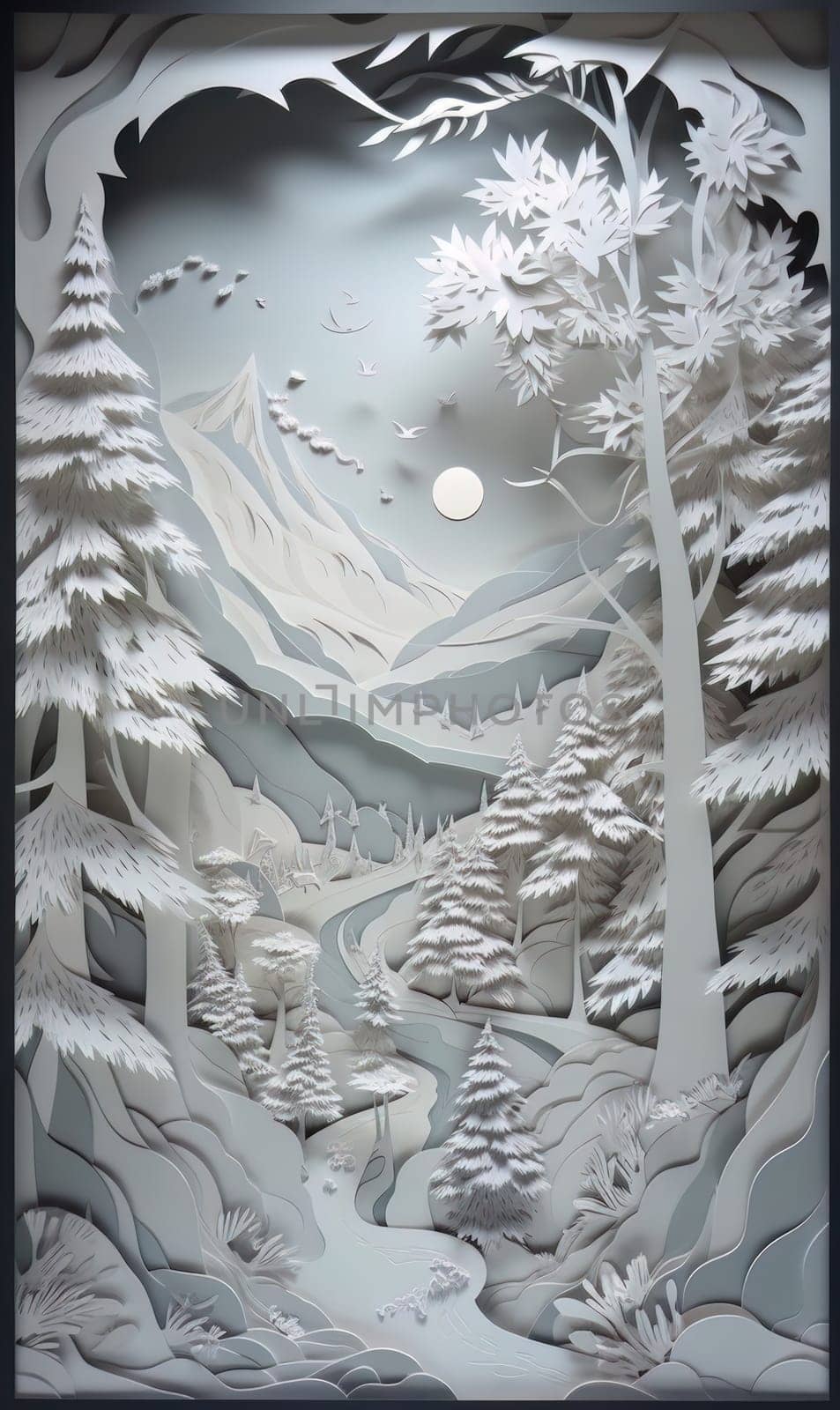 Traditional christmas paper cut art piece with a snowy landscape. Generative AI by nateemee