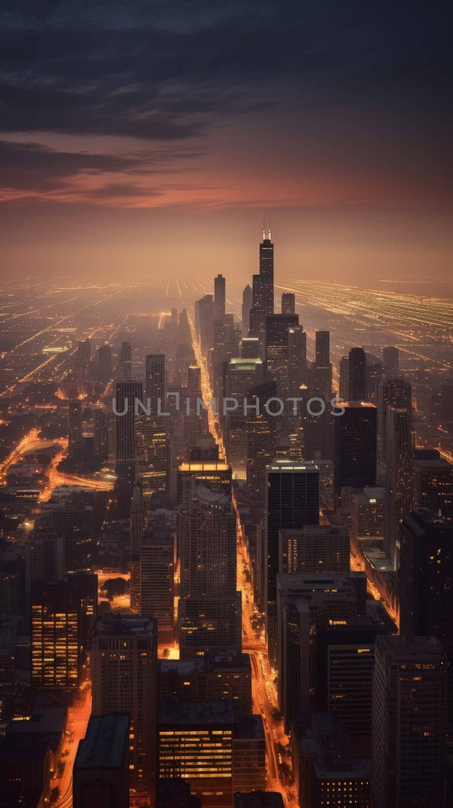 Cityscape of chicago at dusk with lights from the skyline. Generative AI.