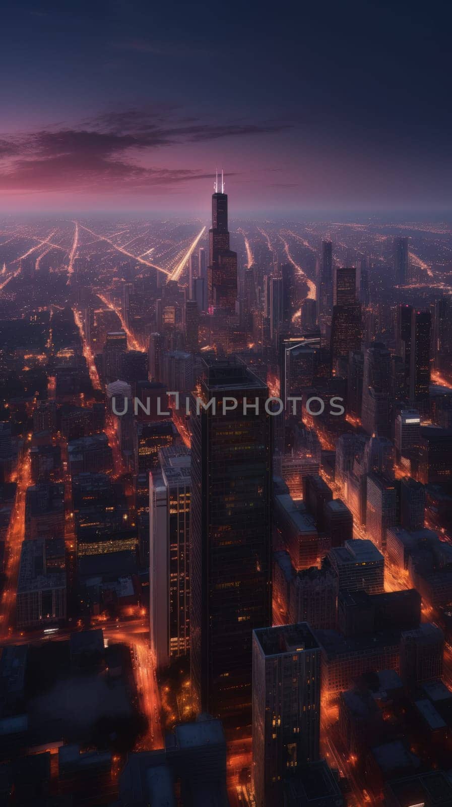 Cityscape of chicago at dusk with lights from the skyline. Generative AI.