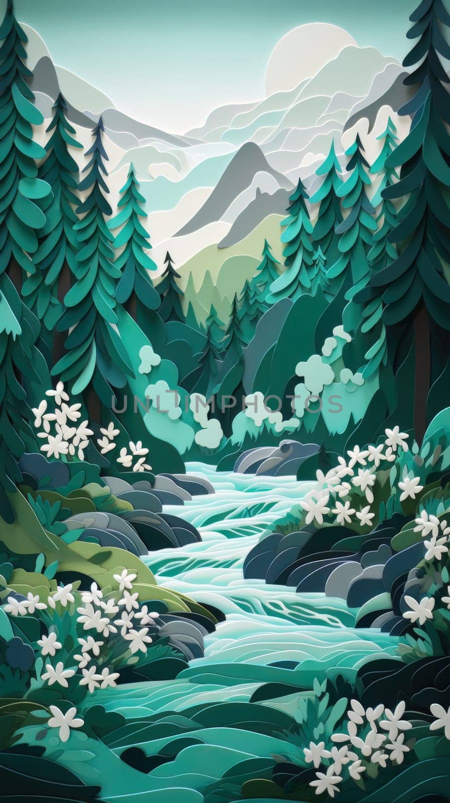 Paper cut art work with green nature forest. Generative AI by nateemee