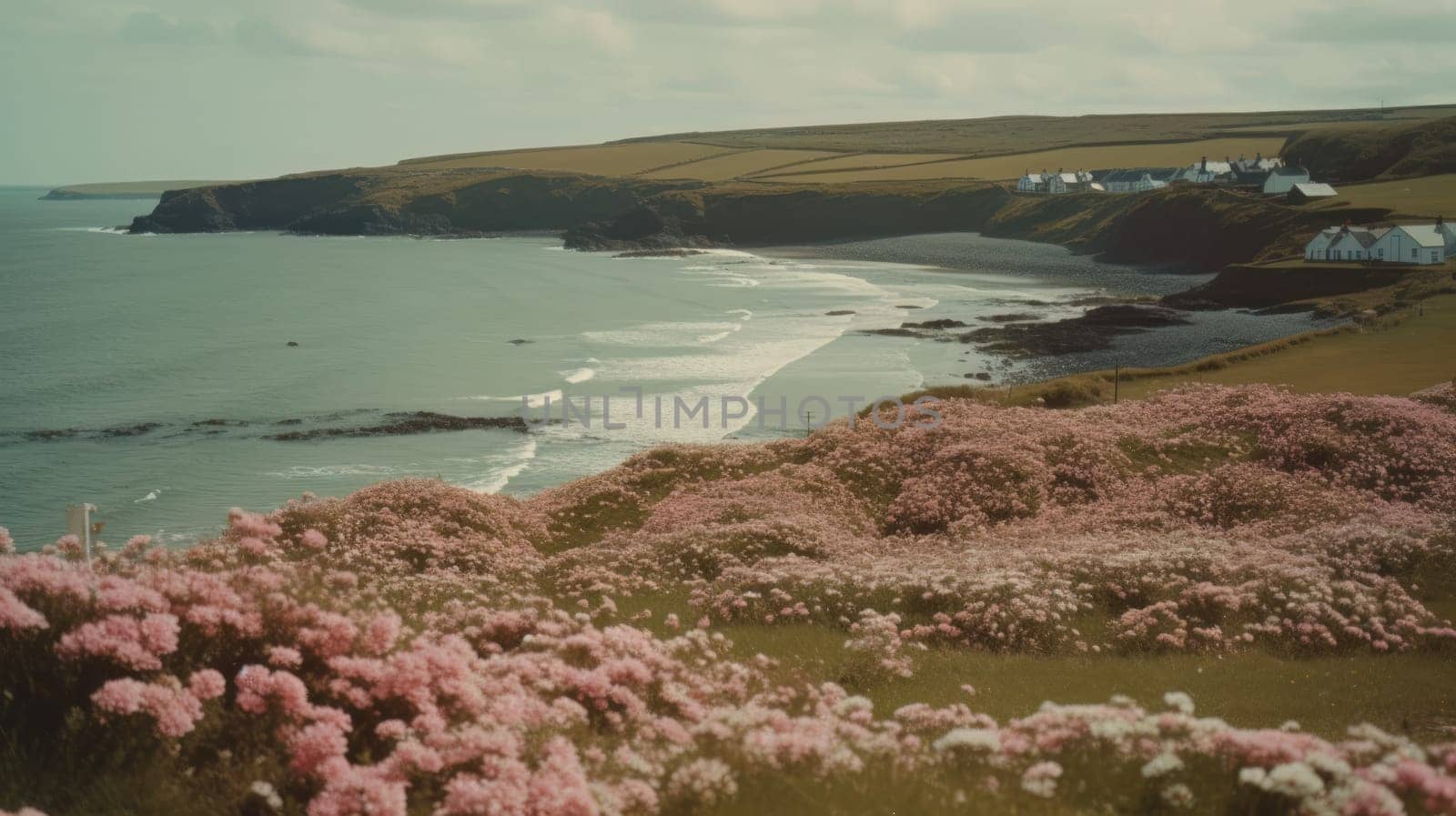 Shoreline covered in pink flowers by the sea. Generaitve AI.