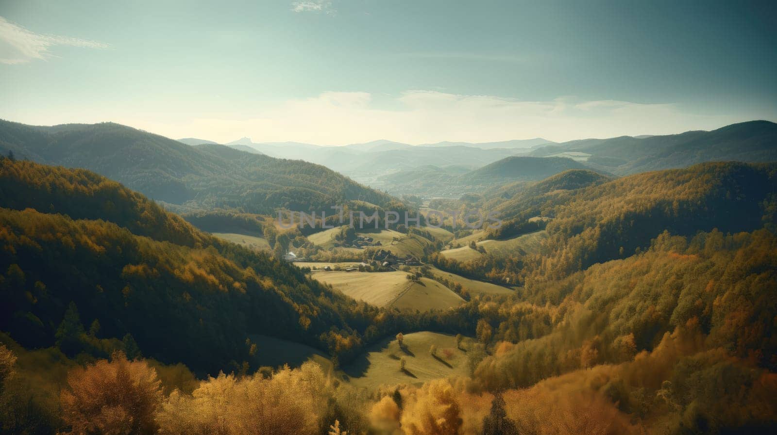 Image of mountain valley with mountains and a forest. Generative AI.