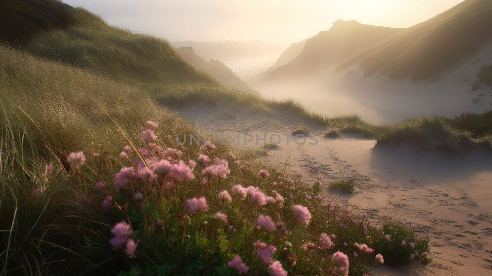 Shoreline covered in pink flowers by the sea. Generaitve AI.